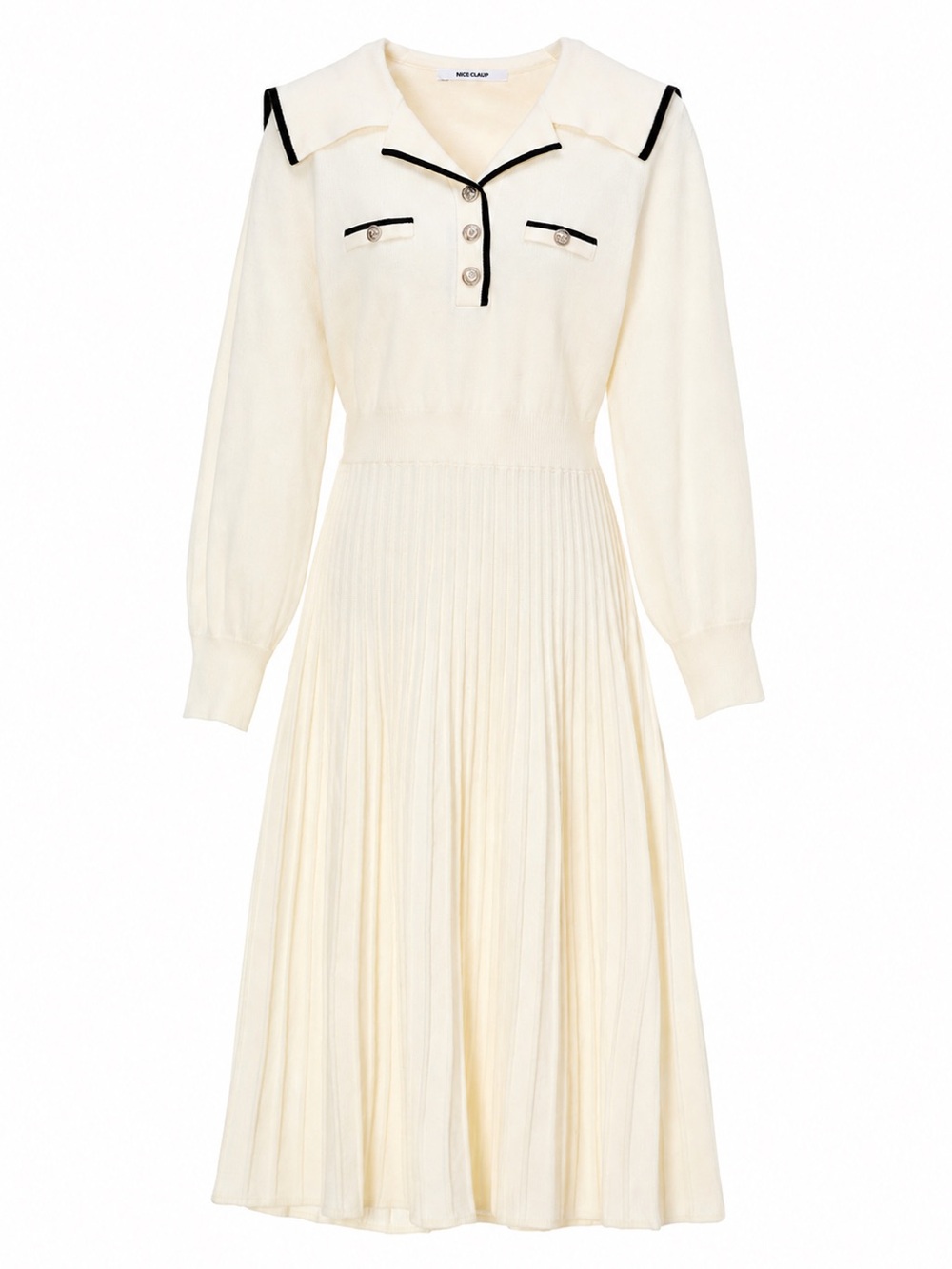 Pleated Cream Midi Dress with Contrast Trim